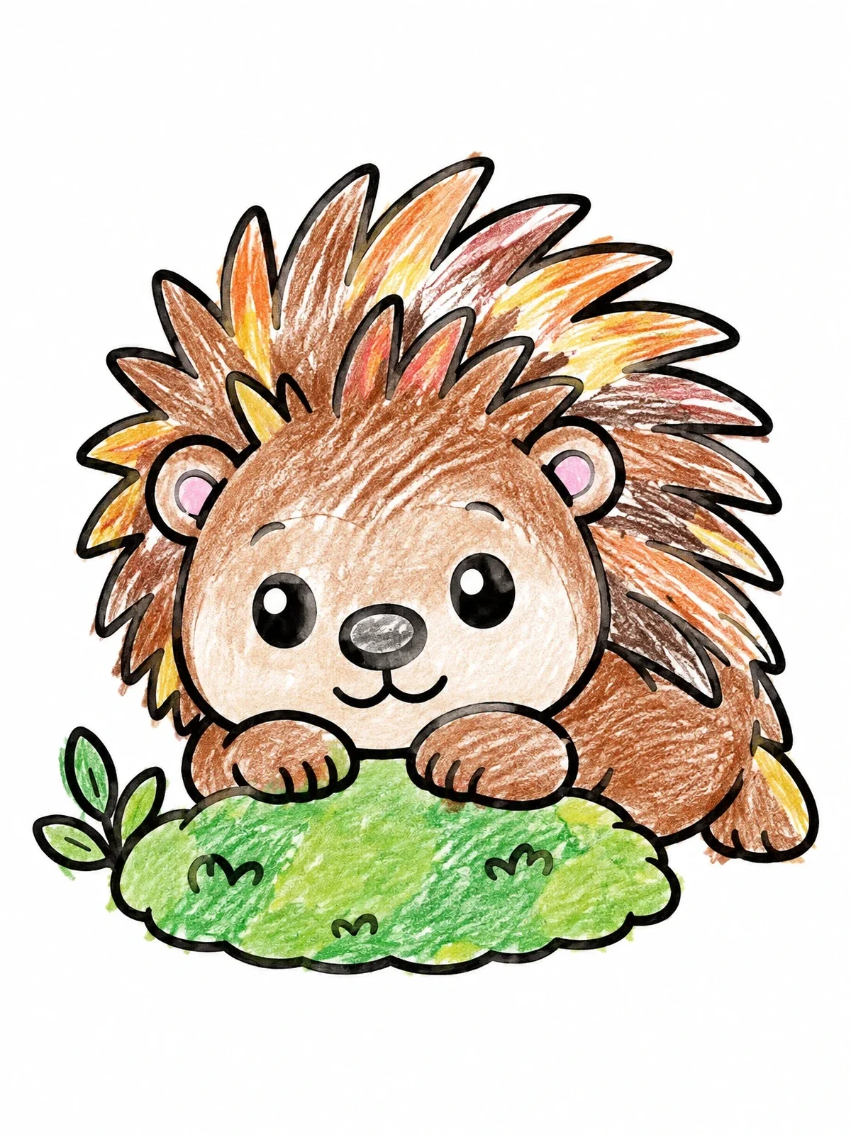 Colored example of the Cute Baby Porcupine On Moss coloring page