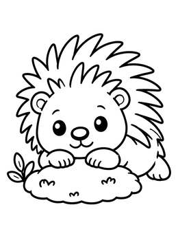 A sweet porcupine coloring page showing a round baby resting on a moss mound.