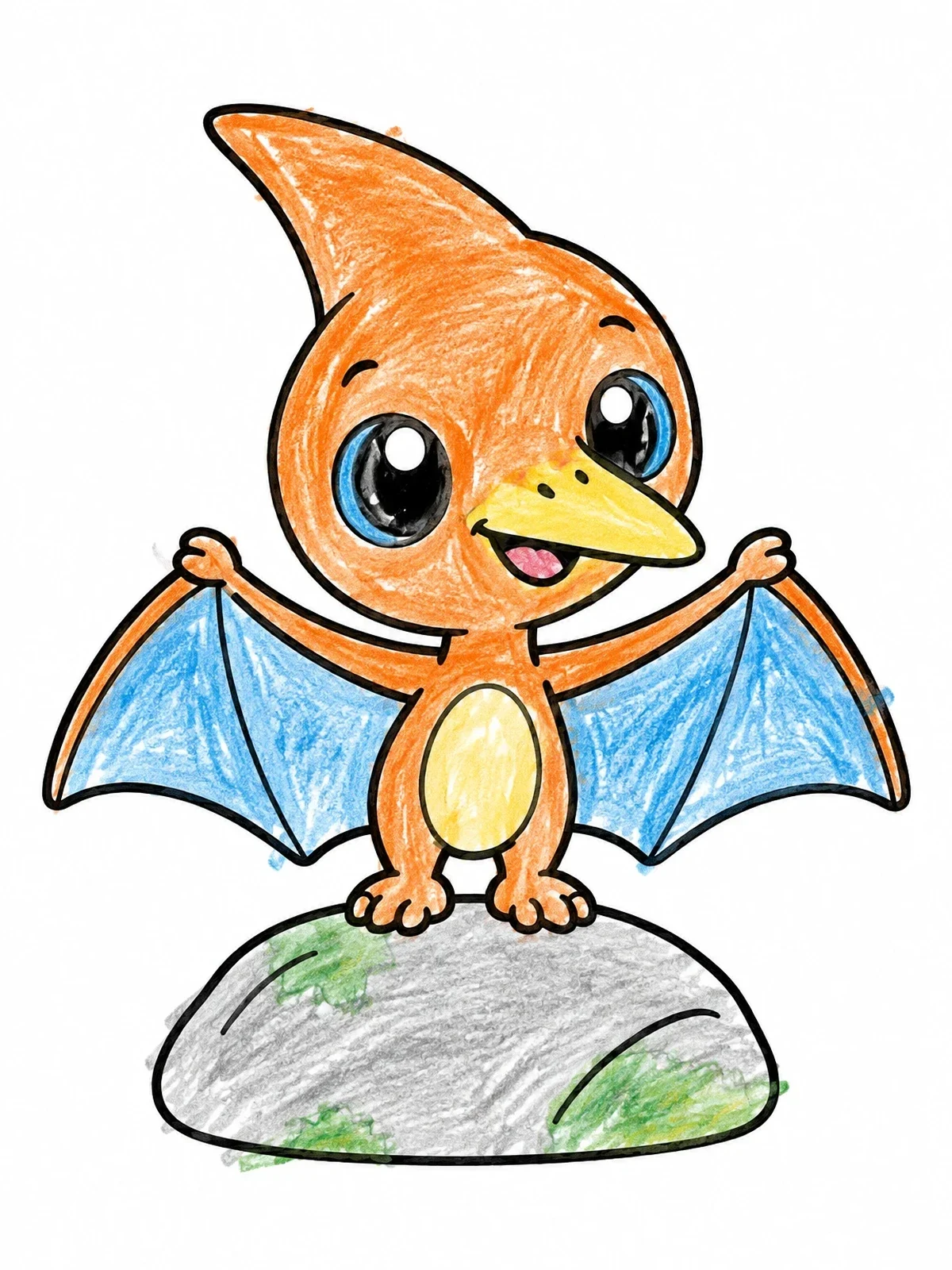 Colored example of the Cute Baby Pteranodon On A Rock coloring page