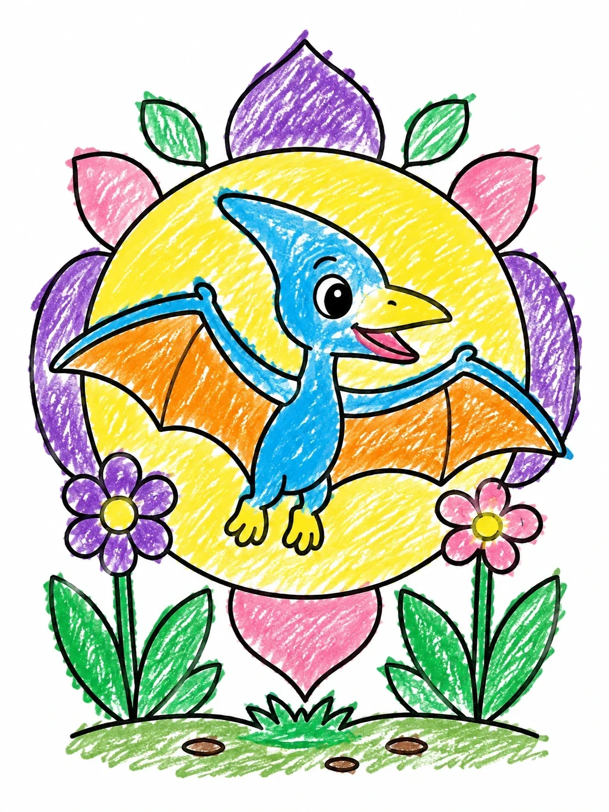 Colored example of the Cute Baby Pterodactyl In Flight coloring page
