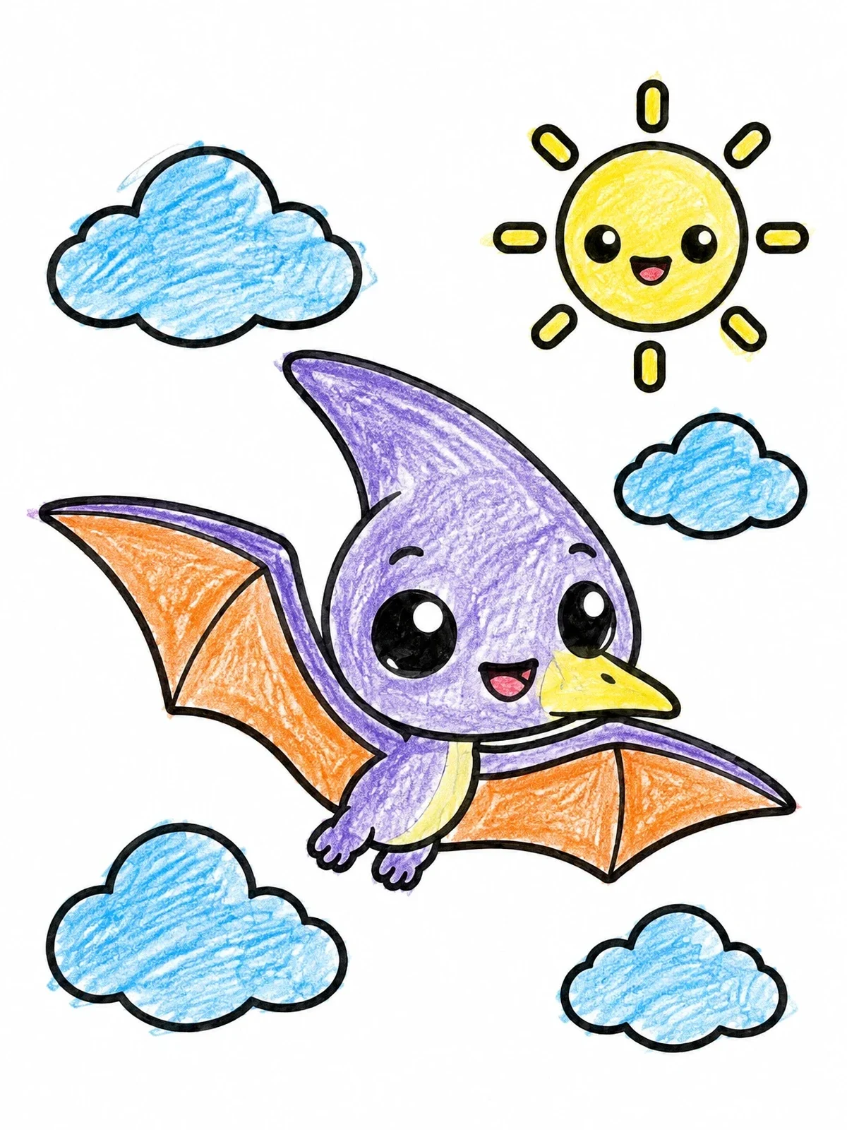 Colored example of the Cute Baby Pterodactyl Flying High coloring page