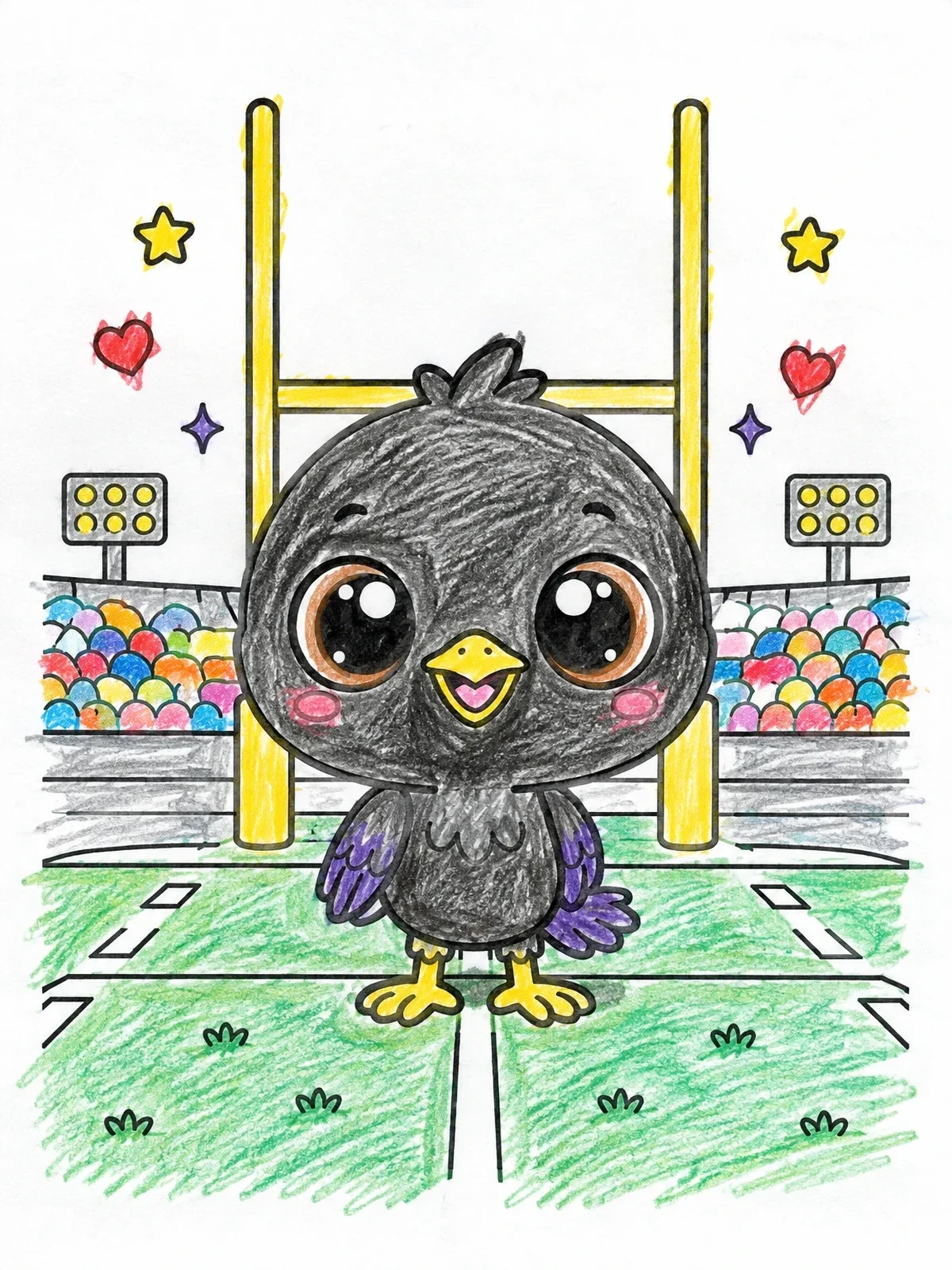 Colored example of the Cute Baby Raven Mascot In Stadium coloring page