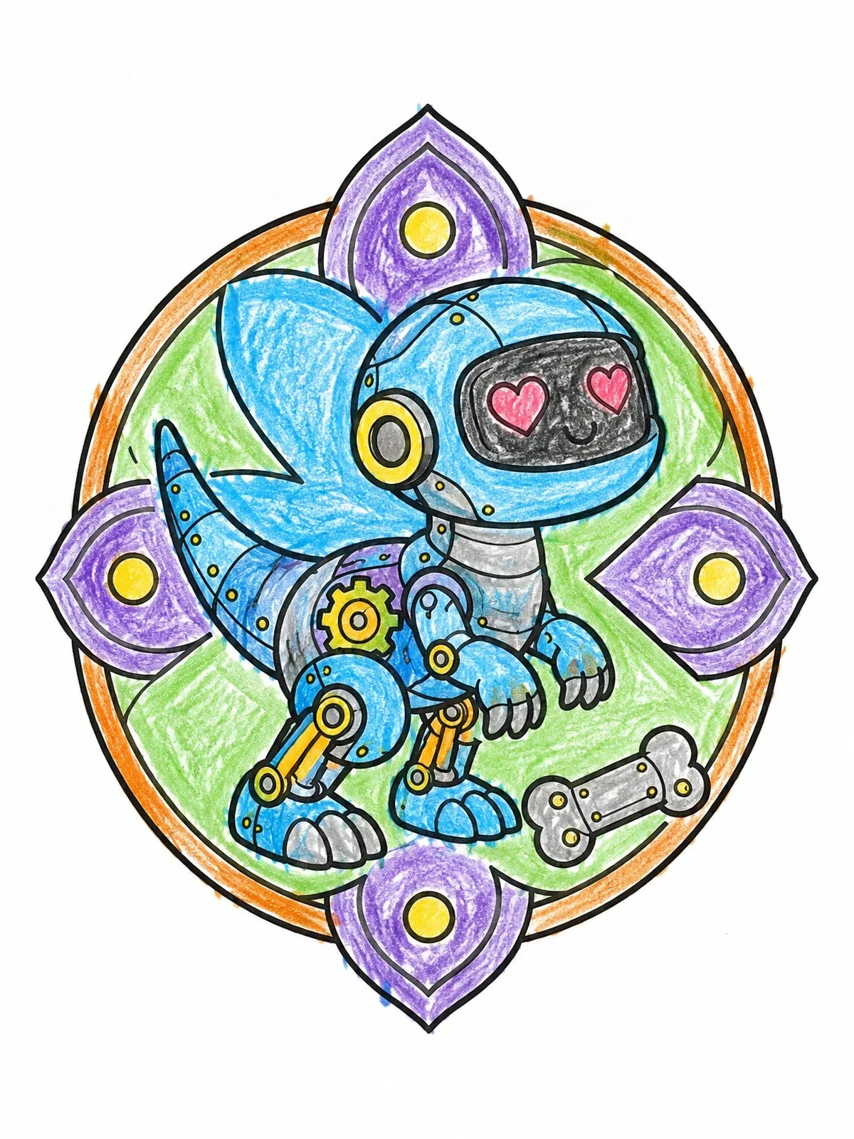 Colored example of the Cute Baby Robot Dinosaur With Heart Eyes coloring page