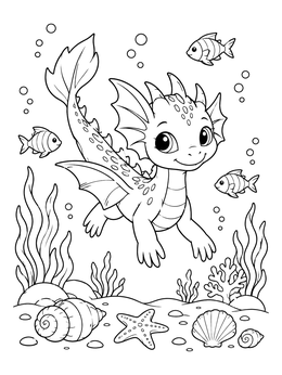 A cute sea dragon coloring page featuring an adorable aquatic dragon swimming over shells on the seabed.