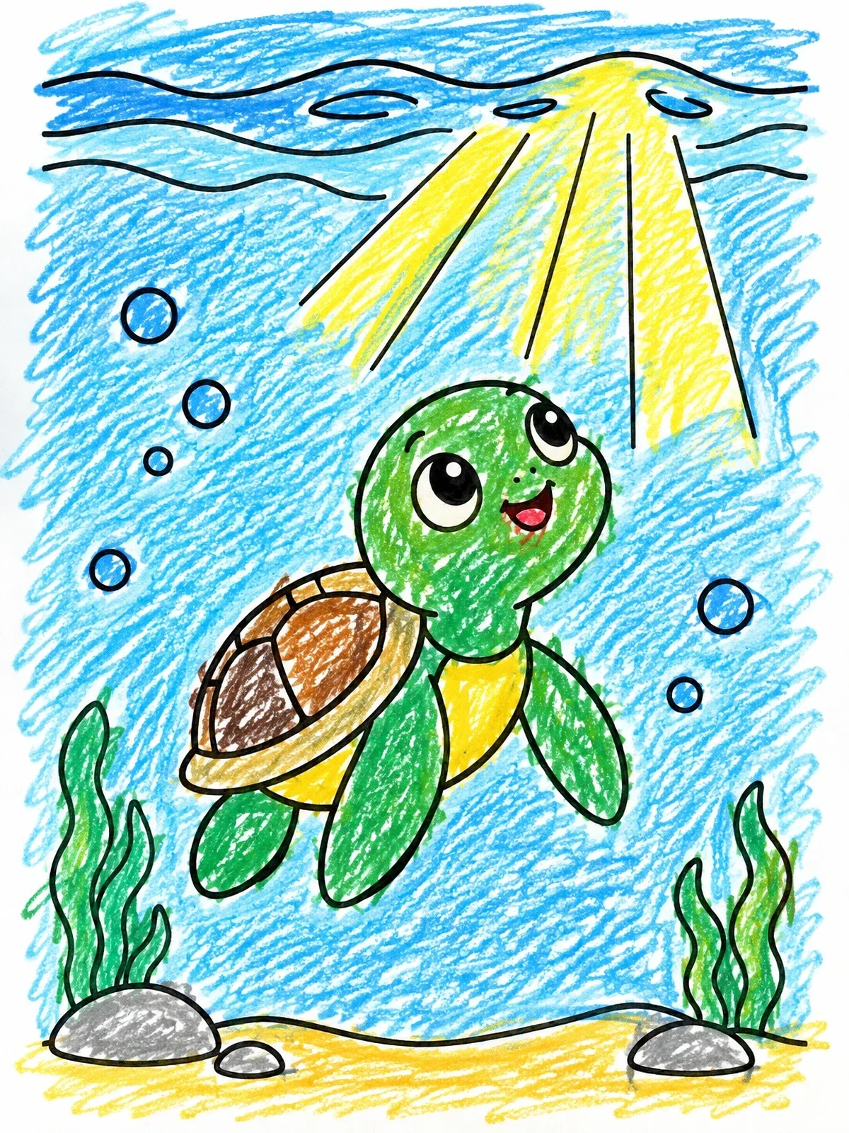 Colored example of the Cute Baby Sea Turtle Under Sunbeams coloring page