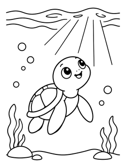 A cheerful baby sea turtle coloring page swimming upward toward shining sunbeams underwater.