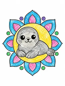 Flower Frame Simple Color Cute Baby Seal In Floral Frame Coloring Page