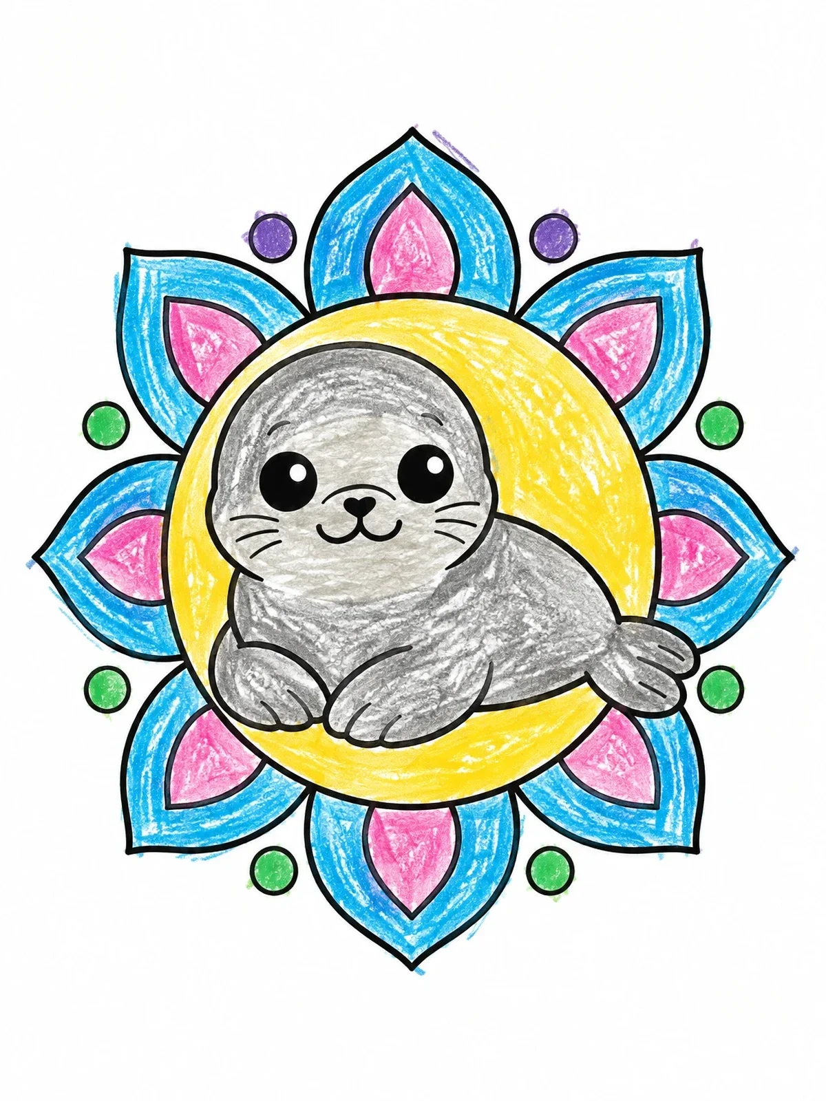 Colored example of the Cute Baby Seal In Floral Frame coloring page