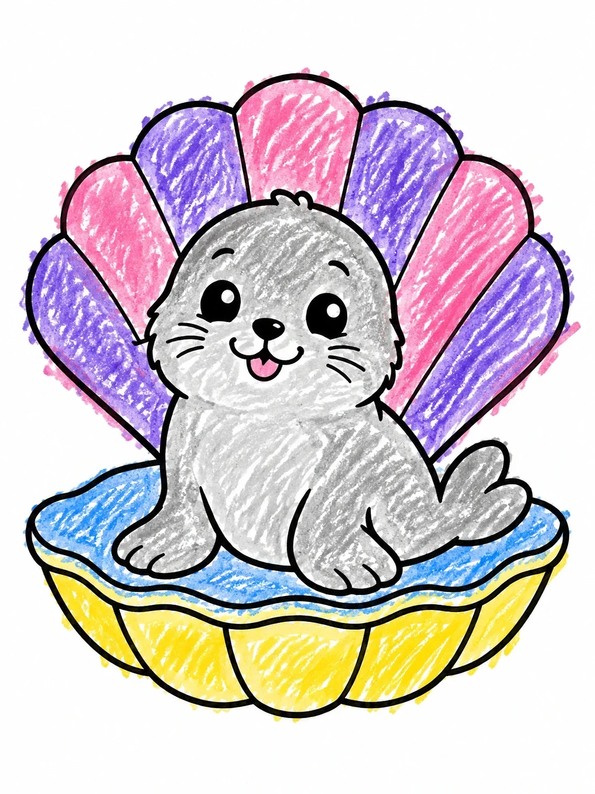 Colored example of the Cute Baby Seal In A Seashell coloring page