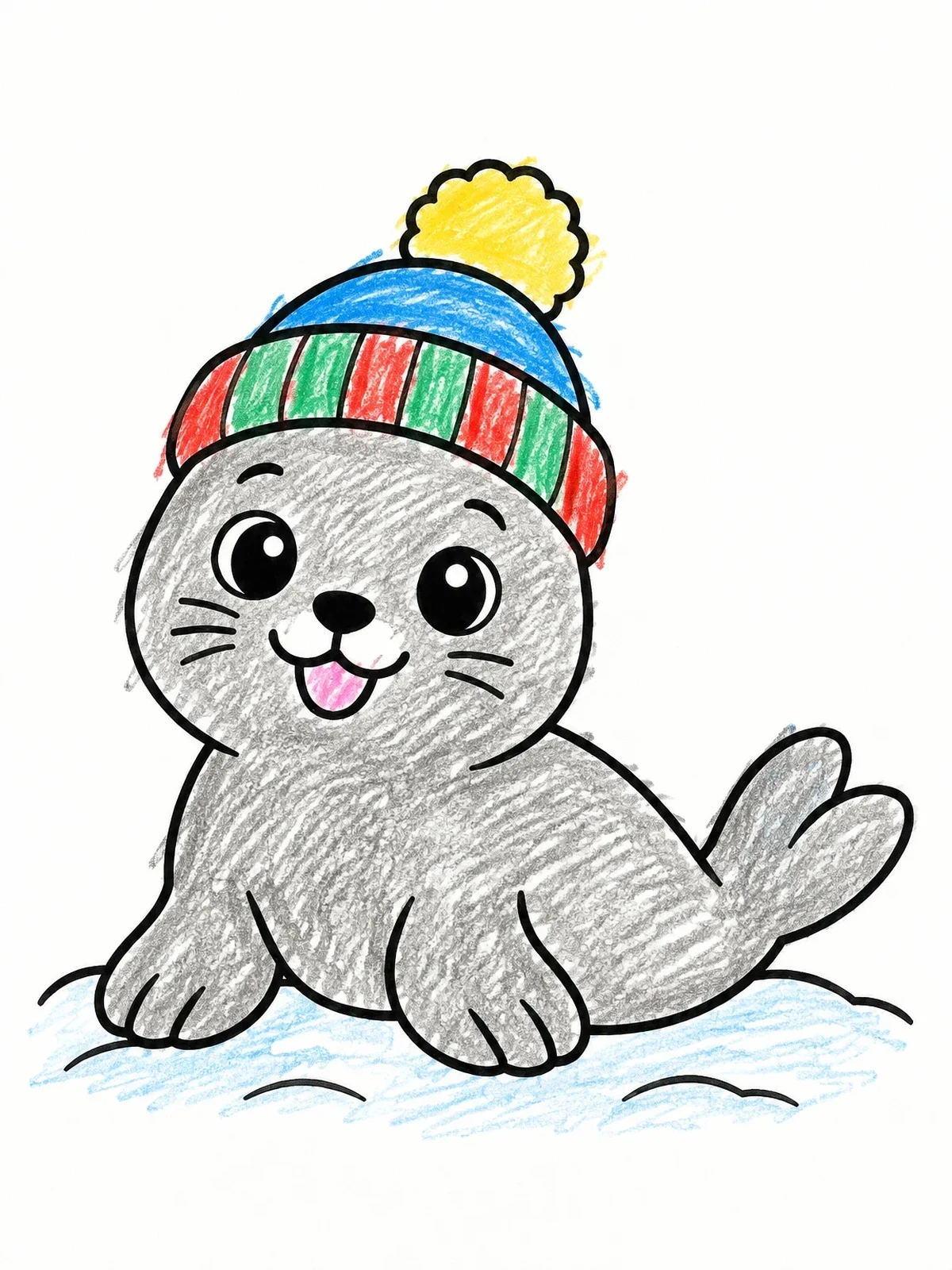 Colored example of the Cute Baby Seal In Winter Beanie coloring page