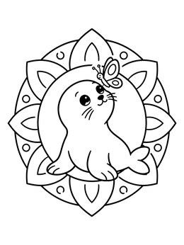A cute seal coloring page showing a baby seal looking up at a butterfly inside a floral frame.