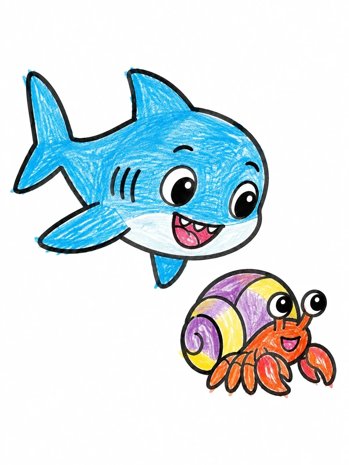 Colored example of the Cute Baby Shark And Hermit Crab coloring page