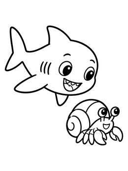 A cheerful baby shark swimming down towards a smiling hermit crab in this shark coloring page.