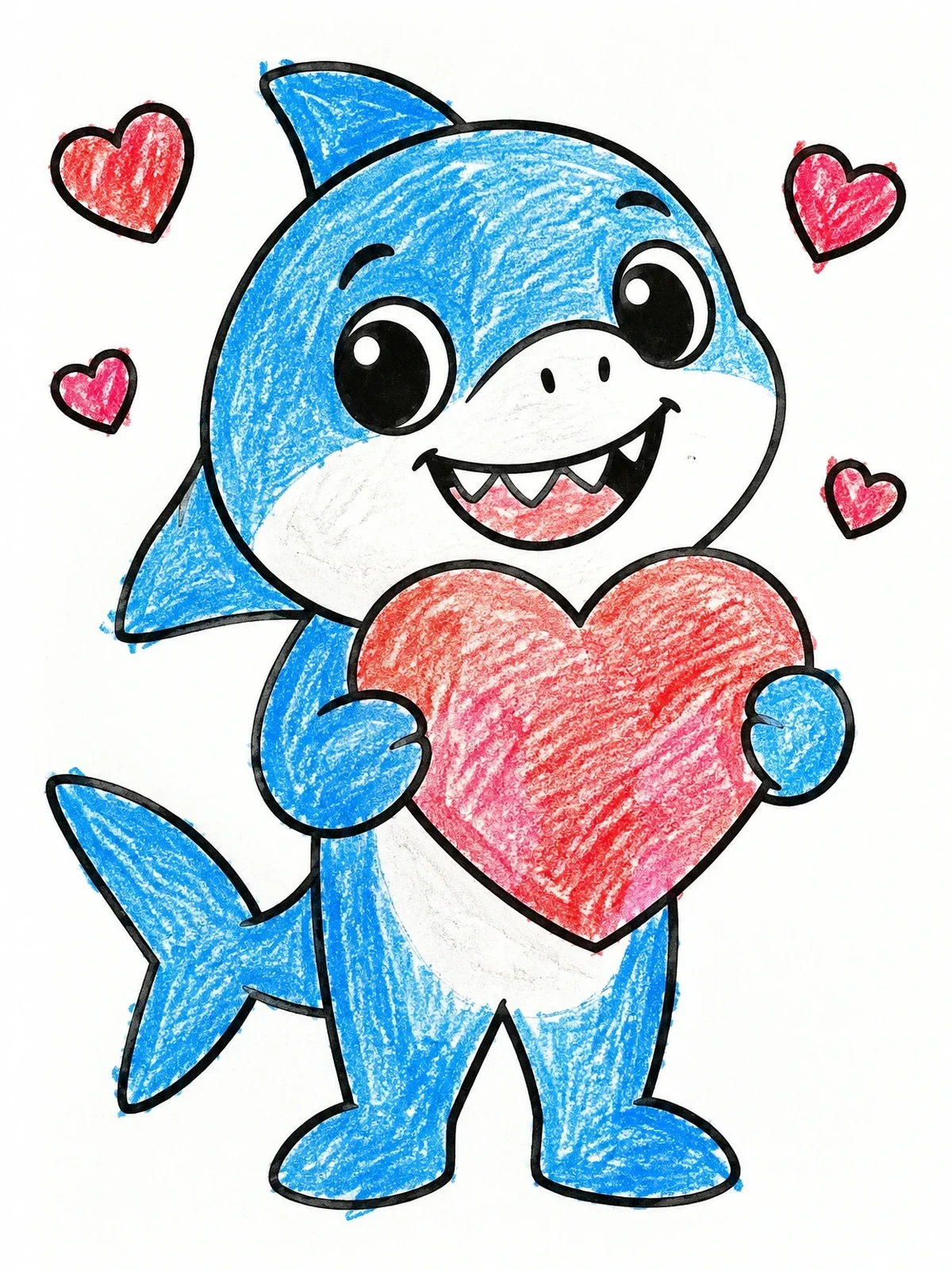 Colored example of the Cute Baby Shark Holding A Heart coloring page