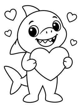 A sweet shark coloring page featuring a smiling cartoon shark holding a big Valentine heart.