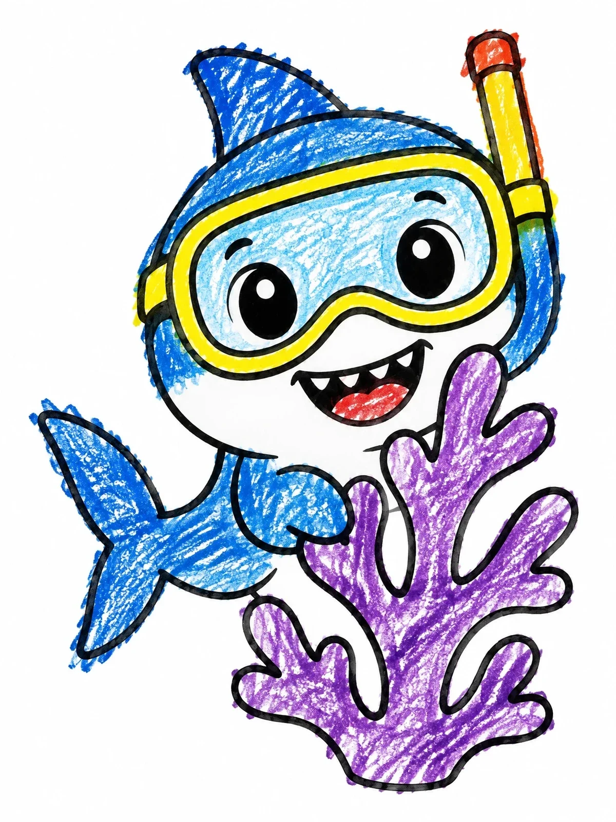 Colored example of the Cute Shark With Snorkel Mask coloring page
