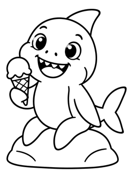 A cheerful baby shark coloring page featuring a cute shark sitting on a rock with an ice cream cone.