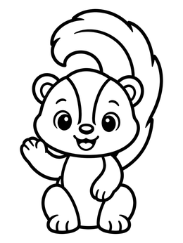 A friendly baby skunk coloring page featuring a smiling skunk waving its paw.