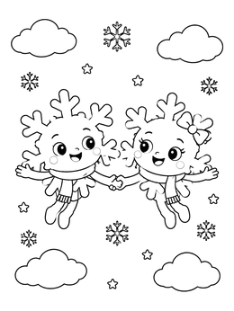 Two smiling baby characters float together on this snowflake coloring page surrounded by clouds and stars.