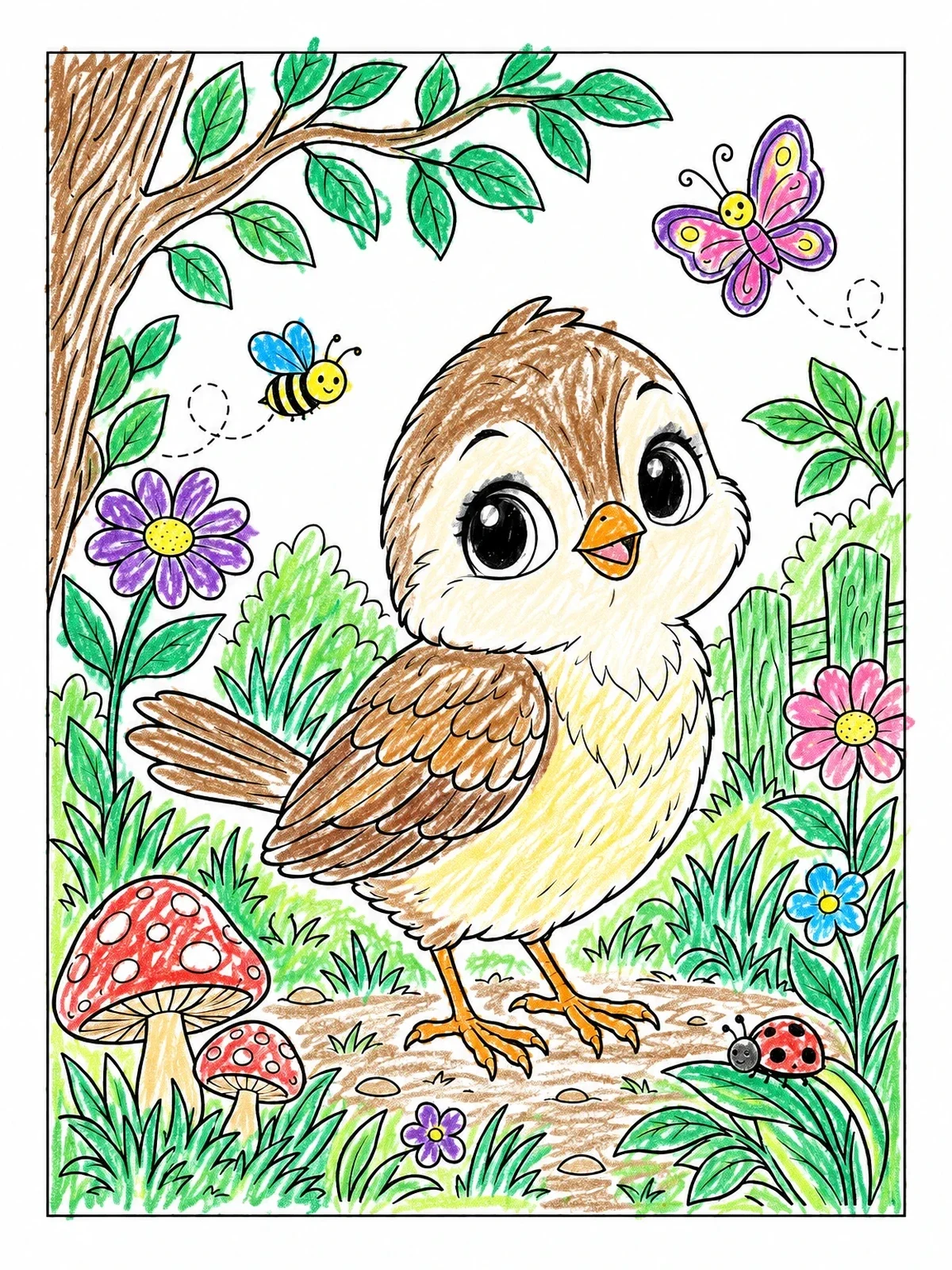 Colored example of the Cute Baby Sparrow In The Garden coloring page