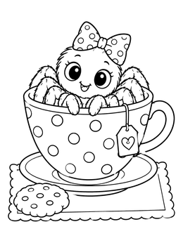 A cheerful baby spider inside a teacup on this spider coloring page.