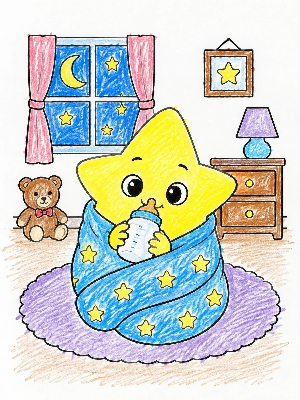 Colored example of the Cute Baby Star With Bottle coloring page