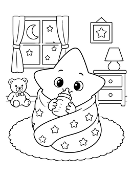 A sweet baby star coloring page wrapped in a blanket drinking milk.