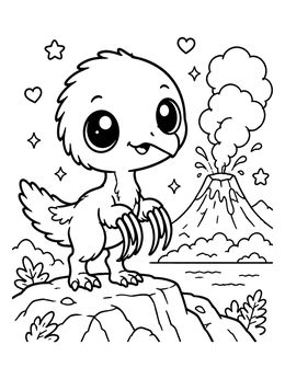 Free printable Cute Baby Therizinosaurus By A Volcano coloring page
