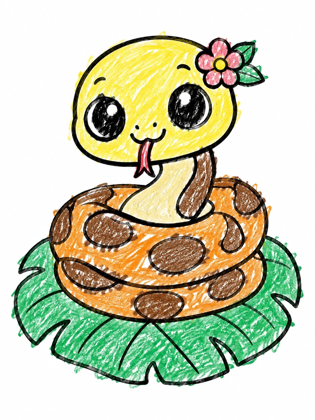 Colored example of the Cute Baby Titanoboa With Flower coloring page