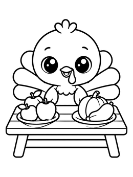A cheerful baby turkey coloring page featuring harvest fruits and vegetables on a wooden table.