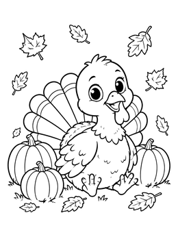 A cheerful baby turkey coloring page with pumpkins and autumn leaves.
