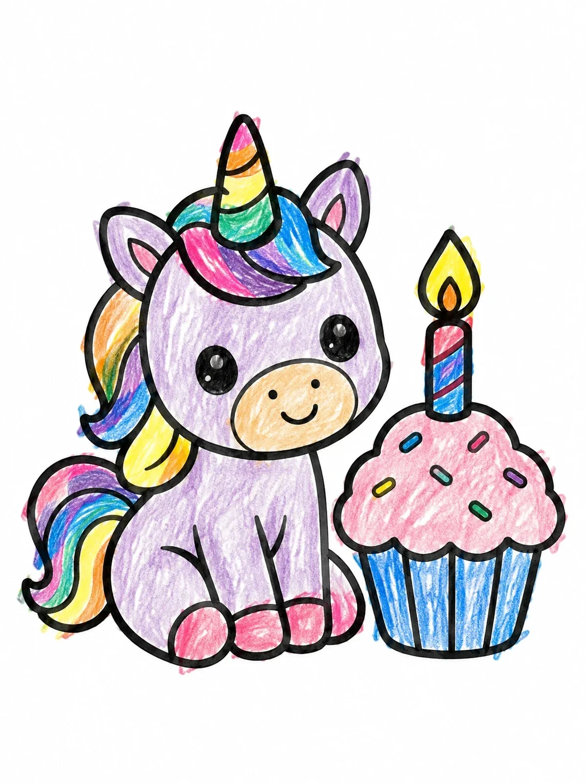 Colored example of the Cute Baby Unicorn With Birthday Cupcake coloring page