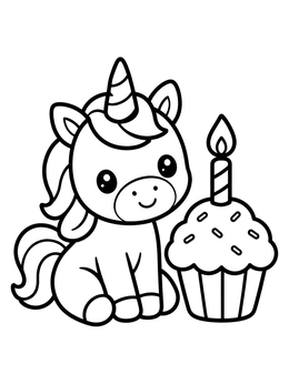 A sweet baby unicorn coloring page next to a frosted cupcake with a burning candle.