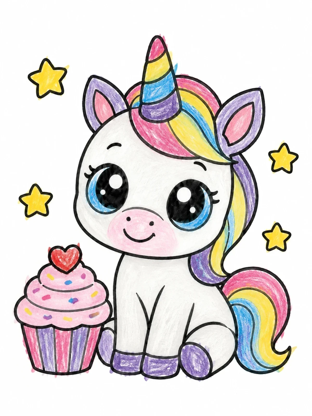 Colored example of the Cute Baby Unicorn With Cupcake coloring page