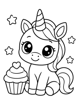 Free printable Cute Baby Unicorn With Cupcake coloring page