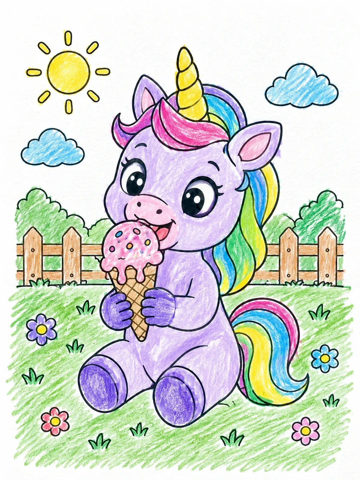Colored example of the Cute Baby Unicorn Eating Ice Cream coloring page