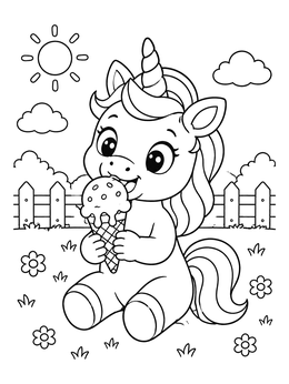 Free printable Cute Baby Unicorn Eating Ice Cream coloring page
