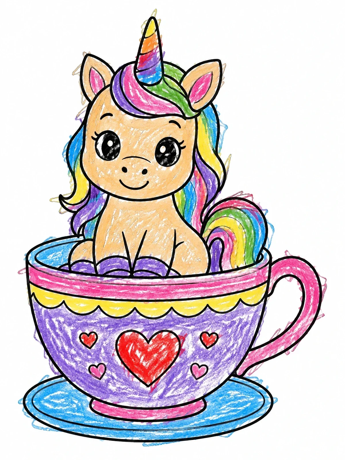 Colored example of the Cute Baby Unicorn In A Teacup coloring page