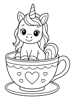 A sweet baby unicorn coloring page sitting inside a decorated teacup on a saucer.