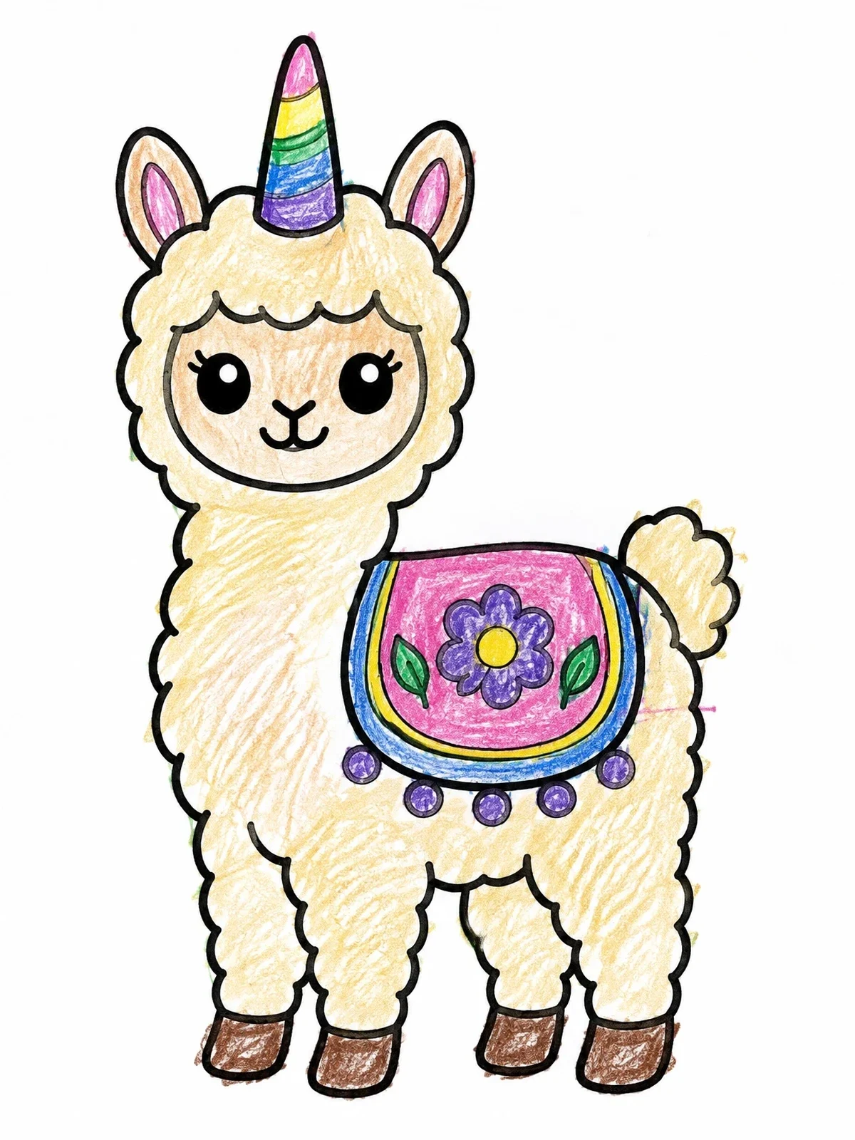 Colored example of the Cute Baby Unicorn Llama coloring page