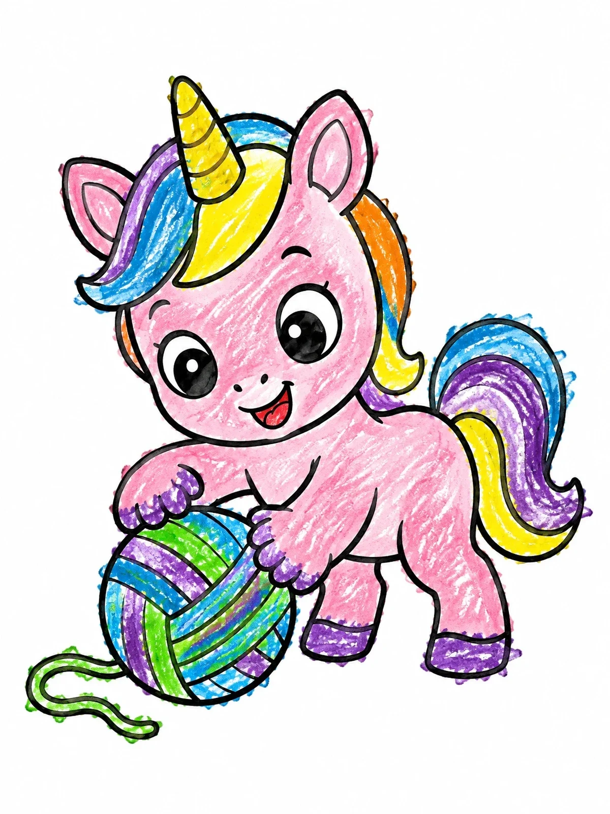 Colored example of the Cute Baby Unicorn With Yarn Ball coloring page