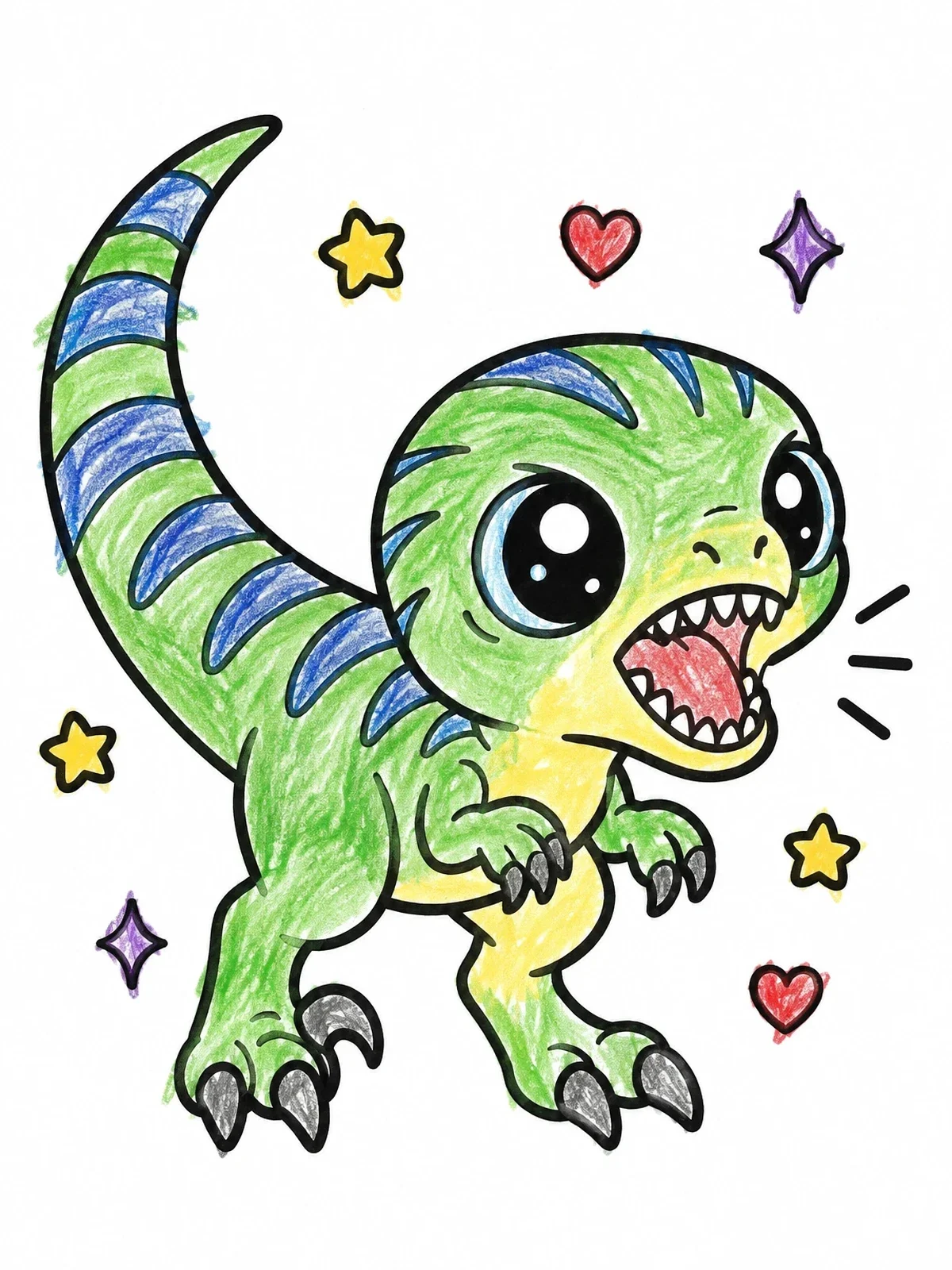 Colored example of the Cute Baby Velociraptor Roaring coloring page
