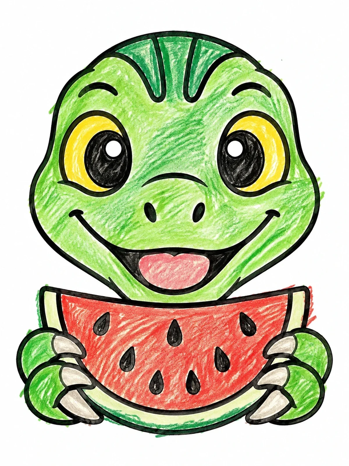 Colored example of the Cute Baby Dinosaur With Watermelon coloring page
