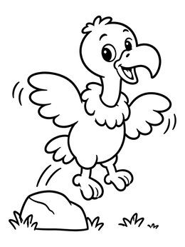 A playful young vulture coloring page showing a cartoon bird happily hopping off a rock.