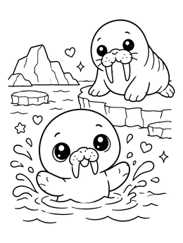 A cute walrus coloring page featuring a baby splashing while another rests on an ice floe.