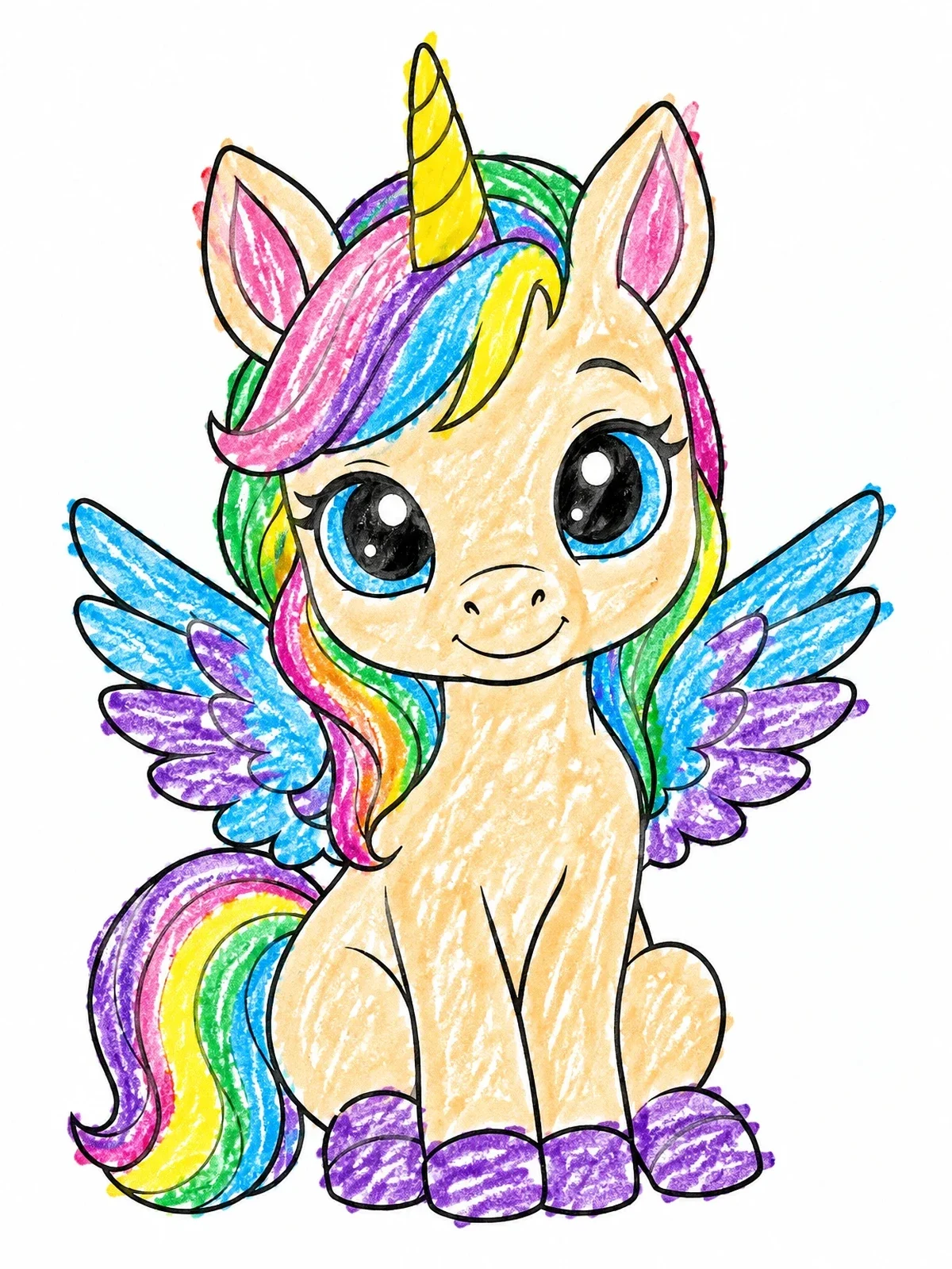 Colored example of the Cute Chibi Baby Winged Unicorn coloring page