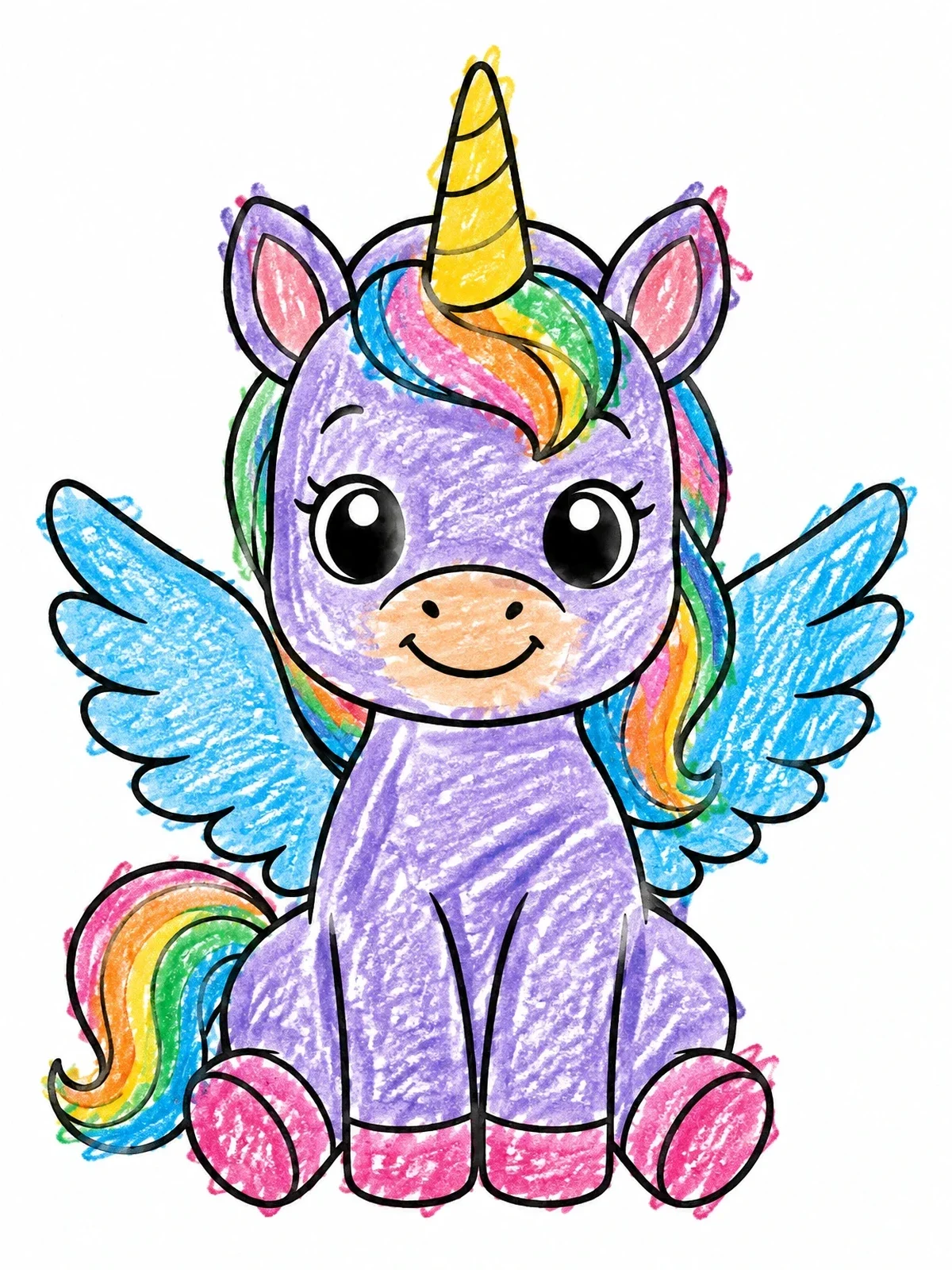 Colored example of the Cute Baby Winged Unicorn coloring page