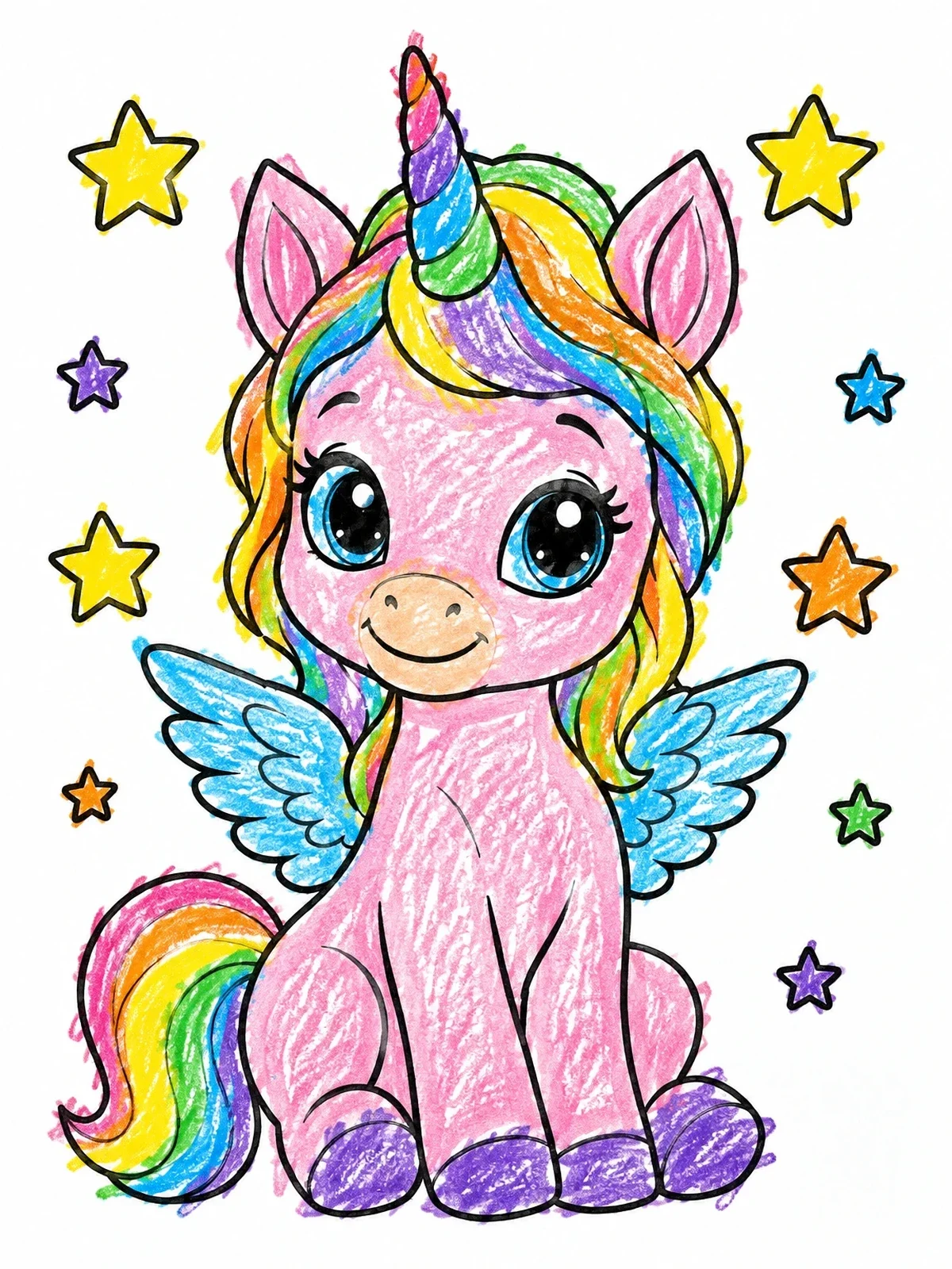 Colored example of the Cute Baby Winged Unicorn With Stars coloring page