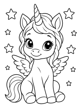 Free printable Cute Baby Winged Unicorn With Stars coloring page