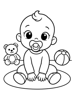 Free printable Cute Baby With Pacifier And Toys coloring page